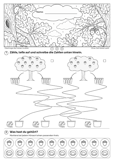 Kinderblatt „Wir zählen im Herbstwald“ mit Zahlenbild, Zählaufgabe und Höraufgabe